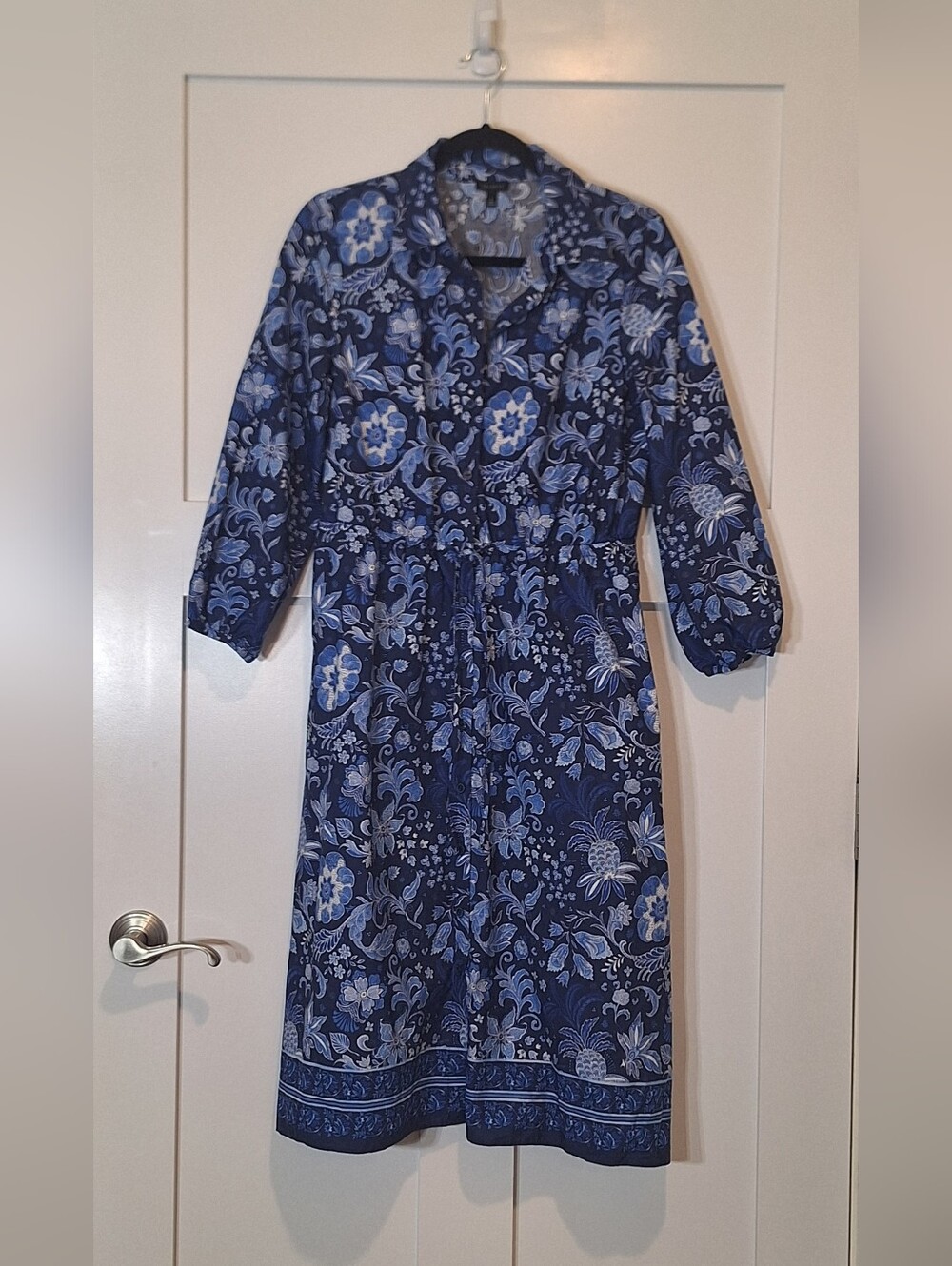Talbots Tie Waist Shirt Dress Midi Button Down Front Whimsical Floral Blue Sz 6